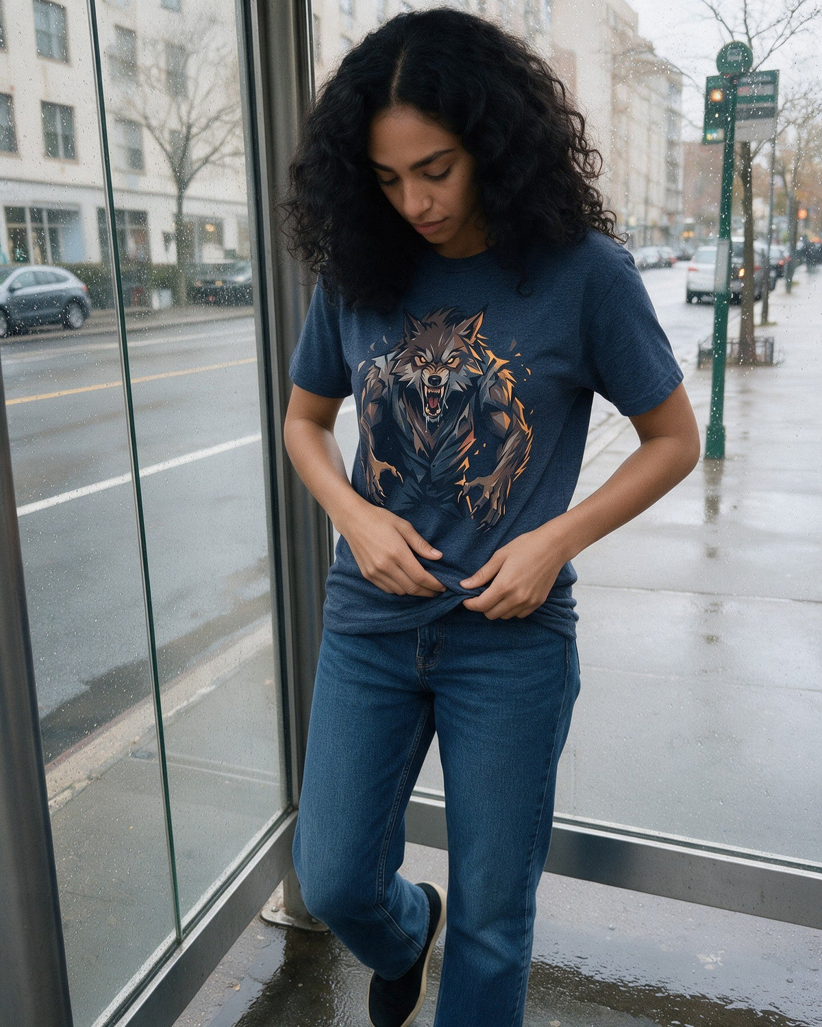 Werewolf T-Shirt in Heather Navy worn on the street — Urban Kong