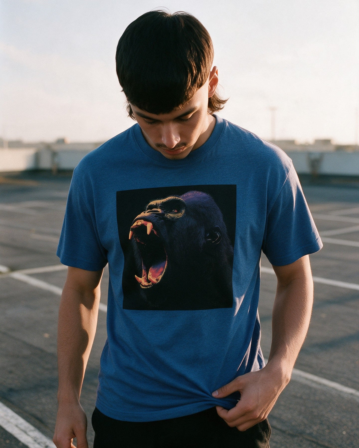 Wild Fury Kong T-Shirt in Heather Royal worn on the street — Urban Kong