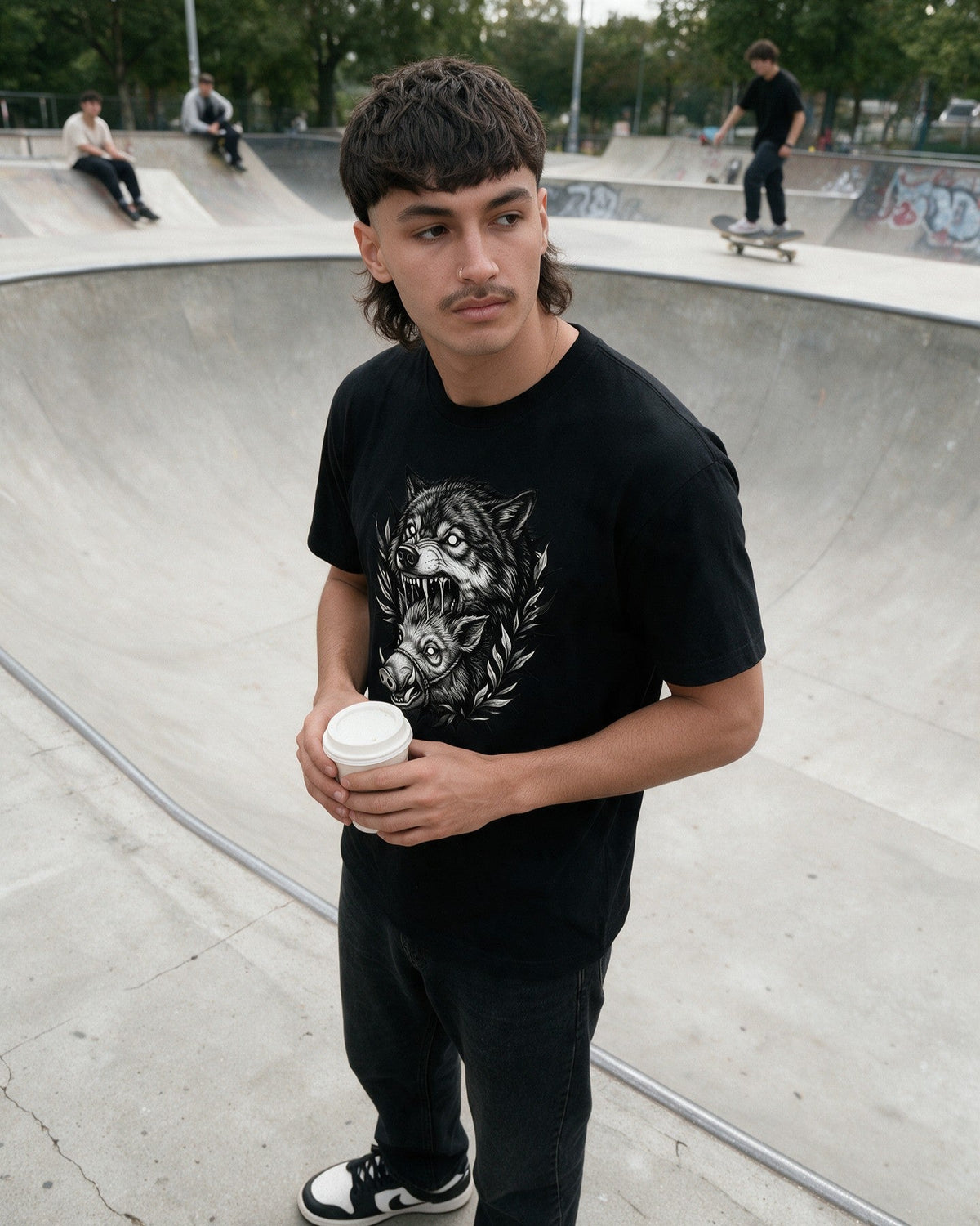 Wolf Bite T-Shirt in Black worn on the street — Urban Kong