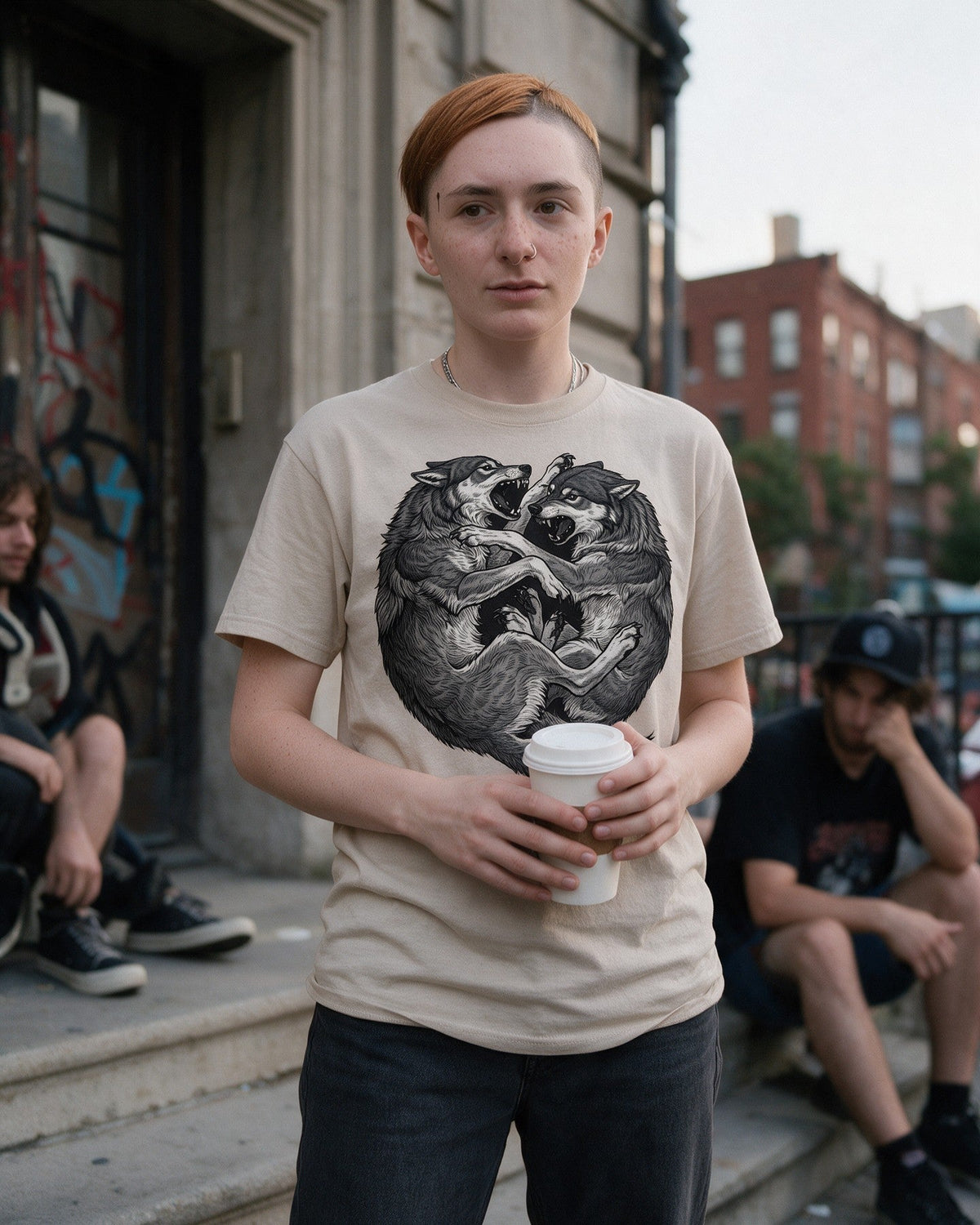 Wolf Fight T-Shirt in Sand worn on the street — Urban Kong