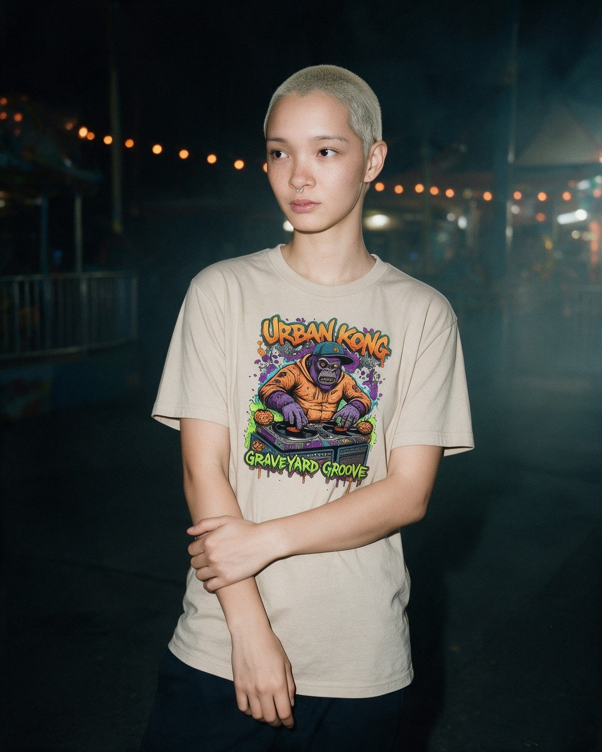 Zombie DJ T-Shirt in Sand worn on the street — Urban Kong