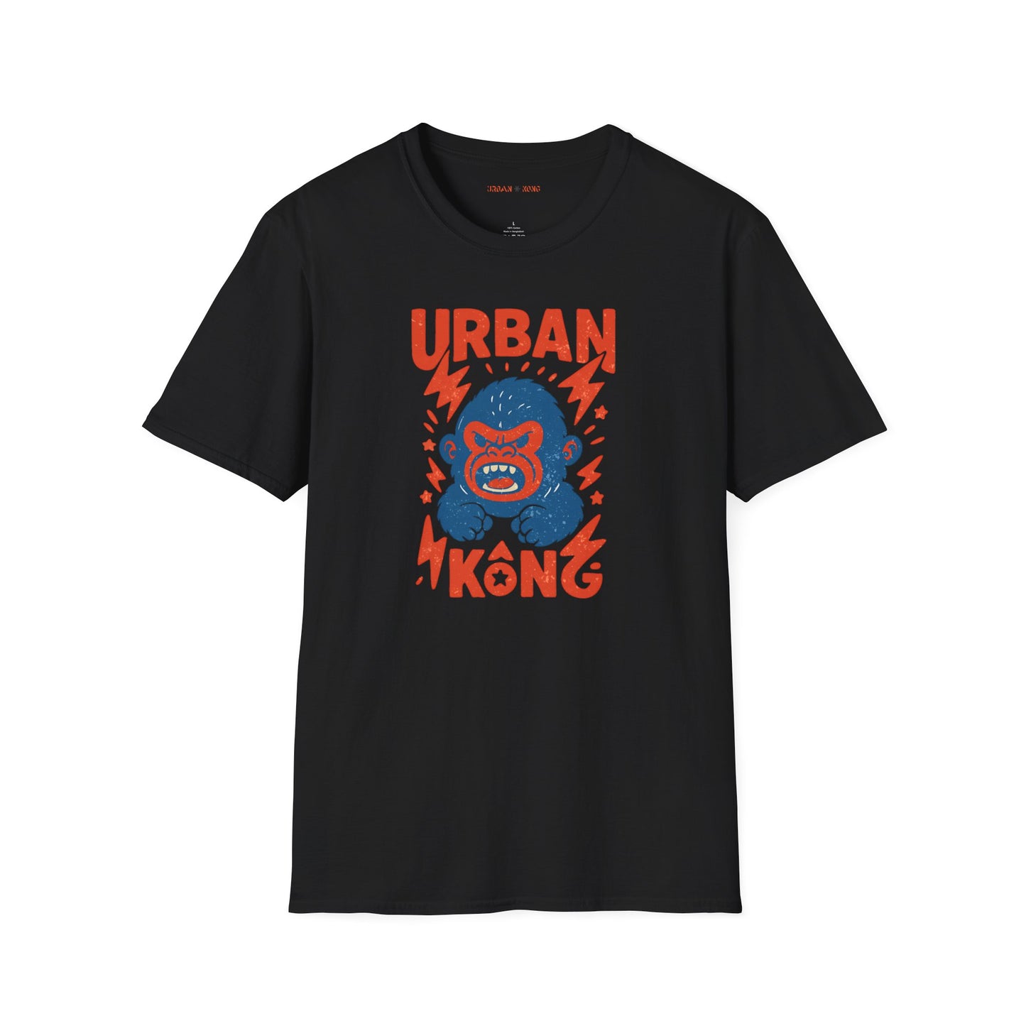 Black streetwear t-shirt with a graphic of vibrant blue cartoon gorilla head, surrounded by red lightning bolts and stars, and the 'URBAN KONG' text in distressed red.