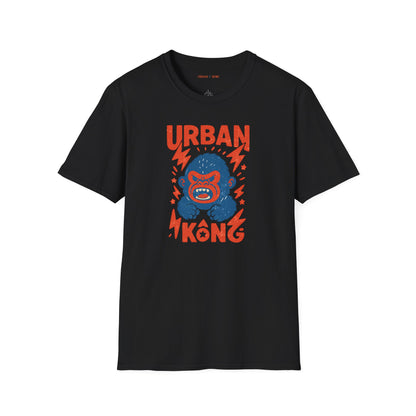 Black streetwear t-shirt with a graphic of vibrant blue cartoon gorilla head, surrounded by red lightning bolts and stars, and the 'URBAN KONG' text in distressed red.