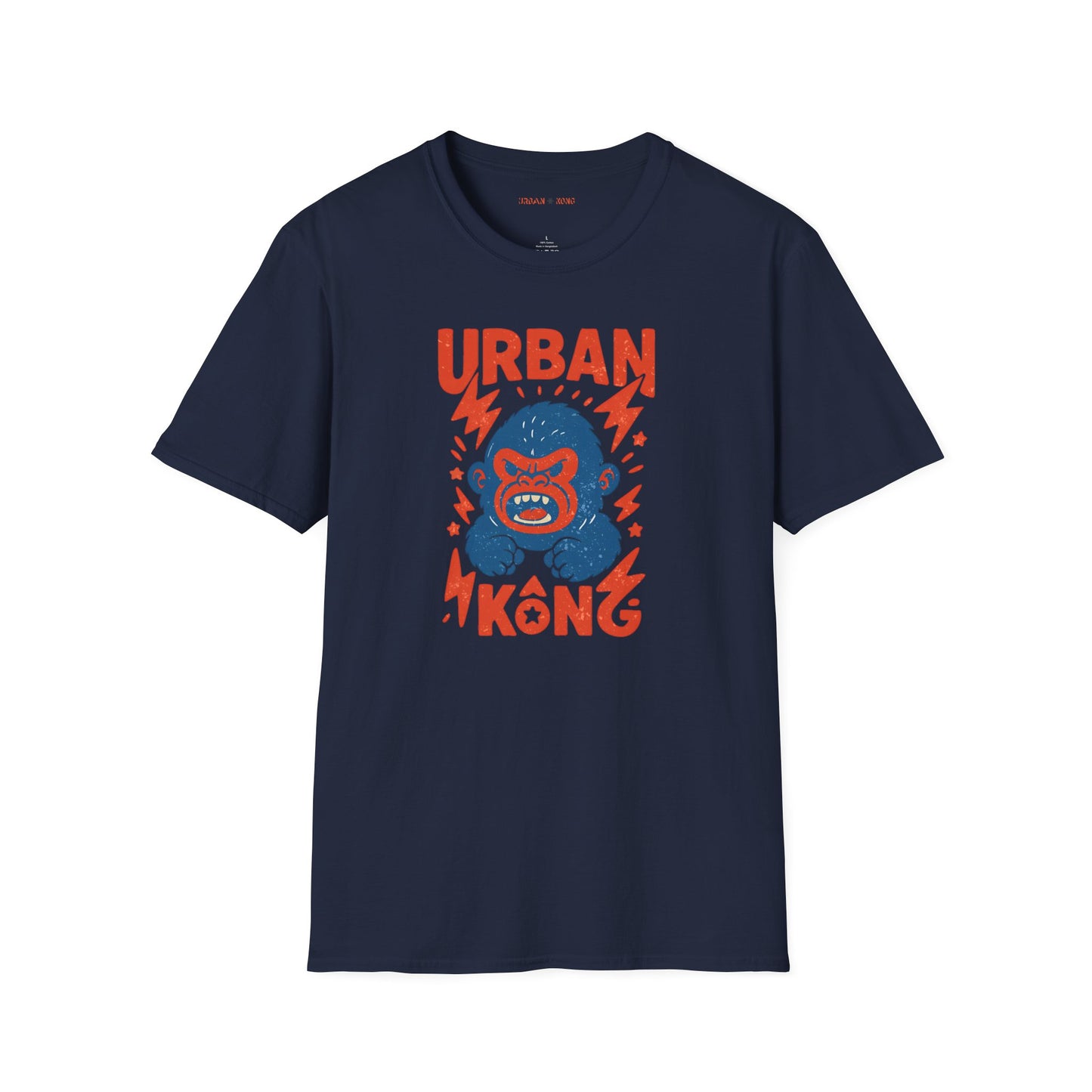 Blue streetwear t-shirt with a graphic of vibrant blue cartoon gorilla head, surrounded by red lightning bolts and stars, and the 'URBAN KONG' text in distressed red.
