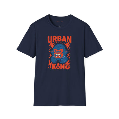 Blue streetwear t-shirt with a graphic of vibrant blue cartoon gorilla head, surrounded by red lightning bolts and stars, and the 'URBAN KONG' text in distressed red.
