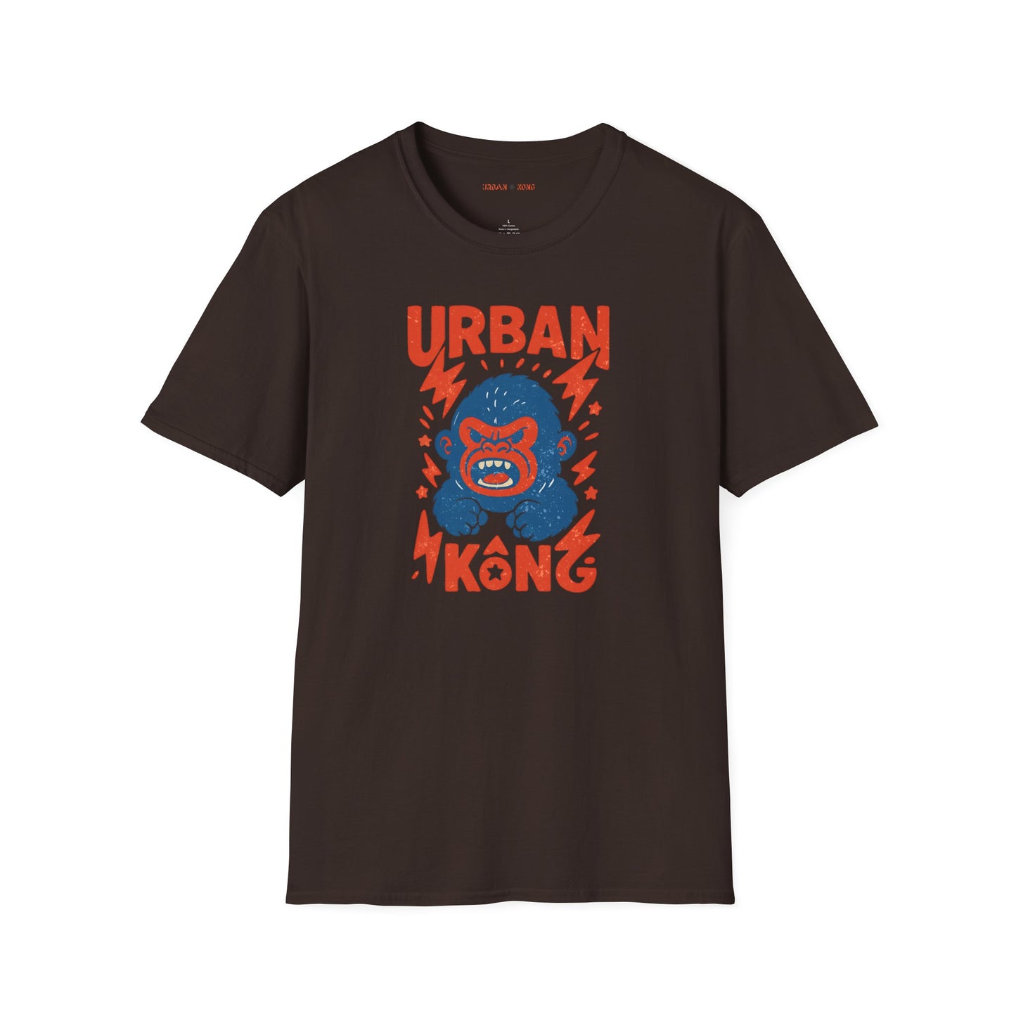 Brown streetwear t-shirt with a graphic of vibrant blue cartoon gorilla head, surrounded by red lightning bolts and stars, and the 'URBAN KONG' text in distressed red.