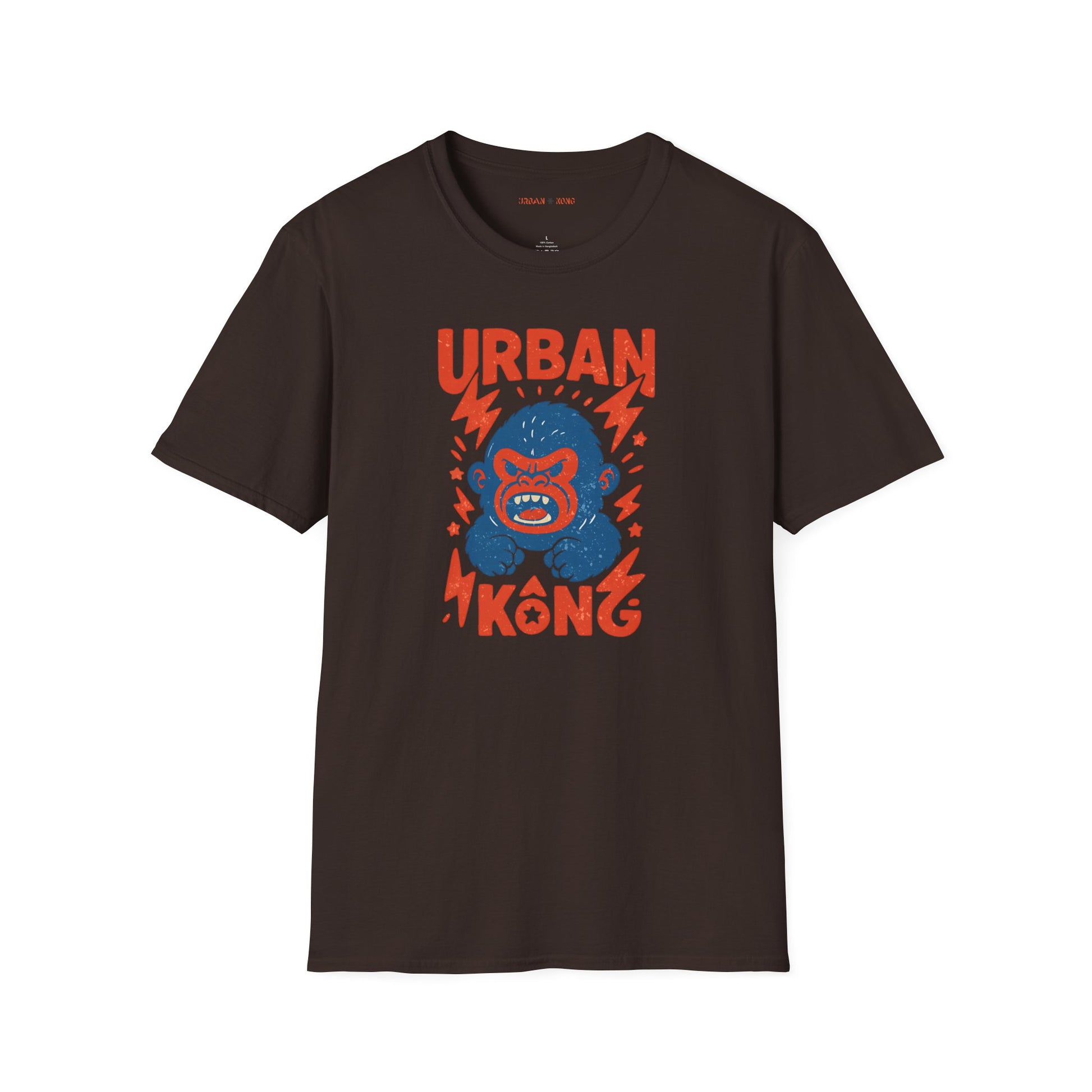 Brown streetwear t-shirt with a graphic of vibrant blue cartoon gorilla head, surrounded by red lightning bolts and stars, and the 'URBAN KONG' text in distressed red.