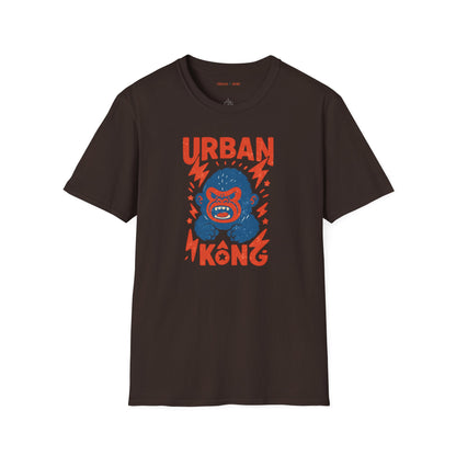 Brown streetwear t-shirt with a graphic of vibrant blue cartoon gorilla head, surrounded by red lightning bolts and stars, and the 'URBAN KONG' text in distressed red.