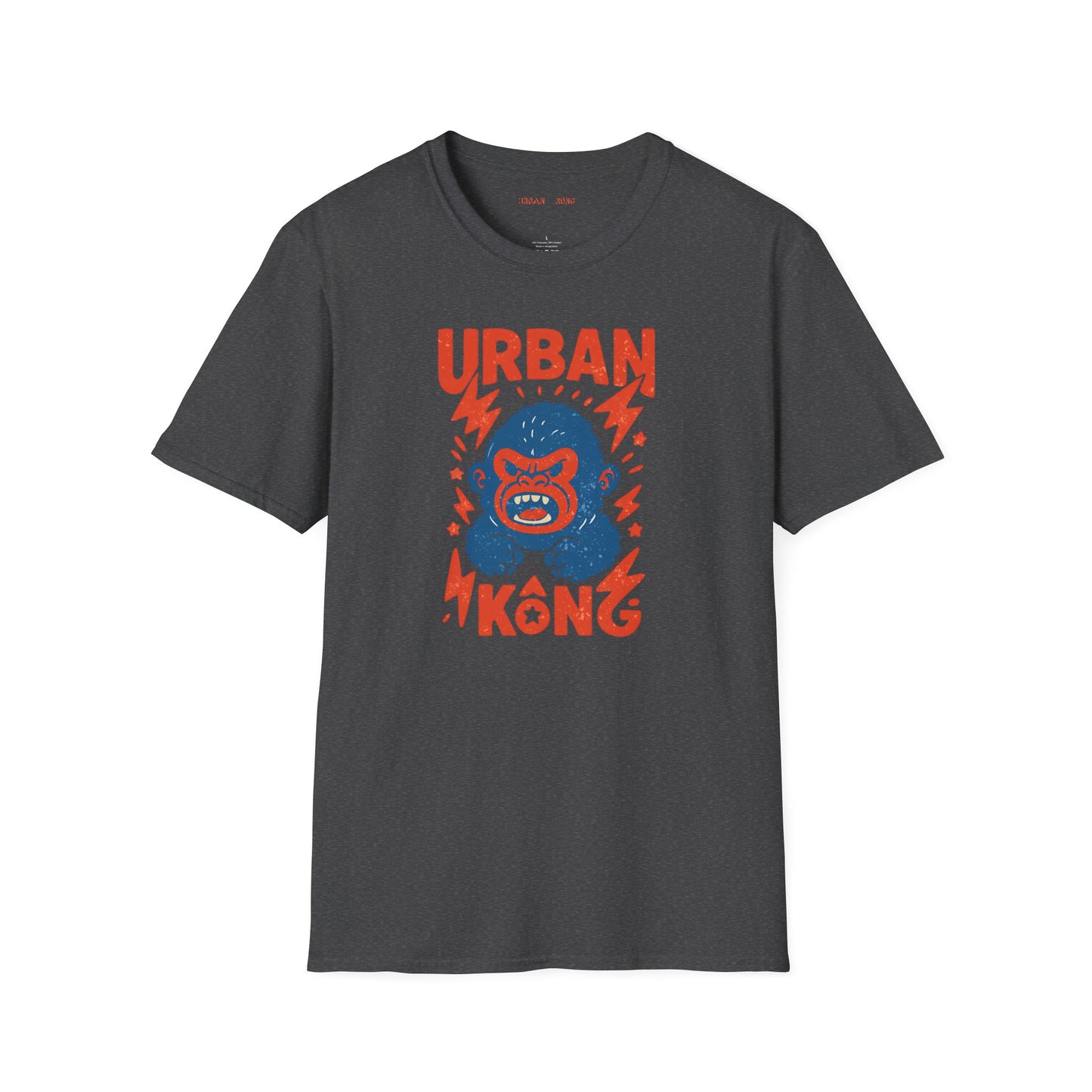 Grey streetwear t-shirt with a graphic of vibrant blue cartoon gorilla head, surrounded by red lightning bolts and stars, and the 'URBAN KONG' text in distressed red.