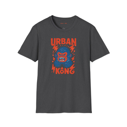Grey streetwear t-shirt with a graphic of vibrant blue cartoon gorilla head, surrounded by red lightning bolts and stars, and the 'URBAN KONG' text in distressed red.
