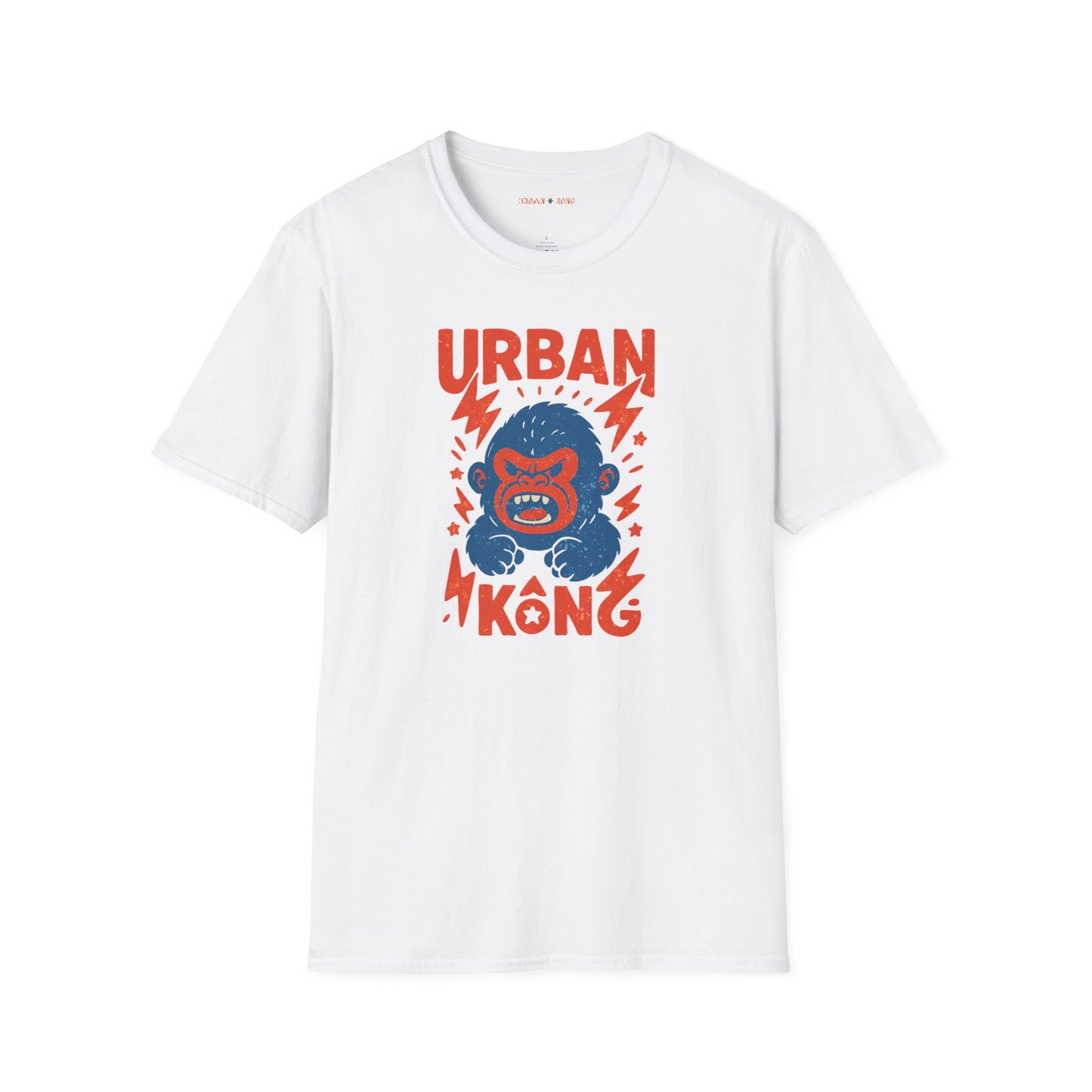 White streetwear t-shirt with a graphic of vibrant blue cartoon gorilla head, surrounded by red lightning bolts and stars, and the 'URBAN KONG' text in distressed red.