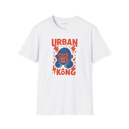 White streetwear t-shirt with a graphic of vibrant blue cartoon gorilla head, surrounded by red lightning bolts and stars, and the 'URBAN KONG' text in distressed red.