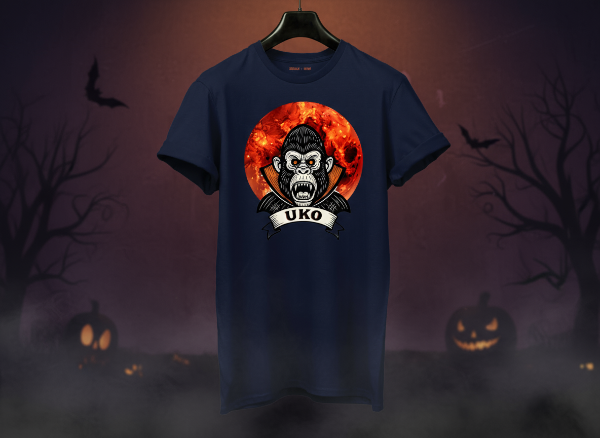 Navy blue t-shirt with a graphic design of a monkey and 'UKO' text on a hanger against a Halloween-themed background.