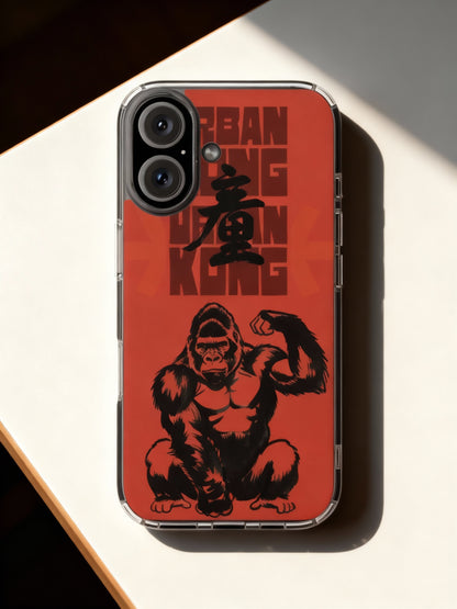 Phone case with gorilla graphic and text on a red background