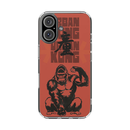 Phone case with gorilla graphic and text on a red background