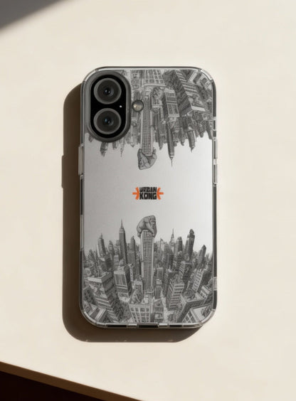 Phone case with cityscape design on a light surface