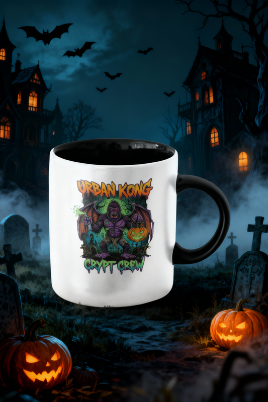 Halloween-themed mug with 'Urban Kong Crypt Brew' design against a spooky castle and pumpkin background.