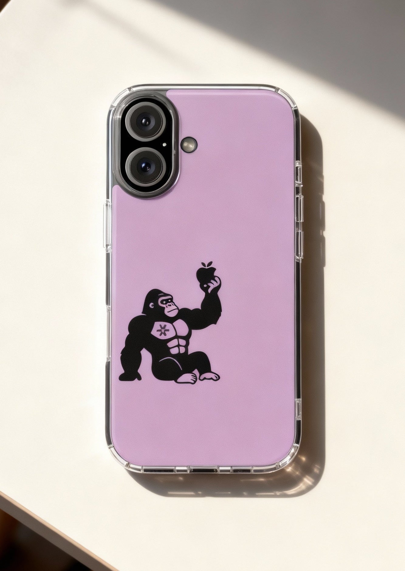 Phone case with a gorilla design on a light purple background