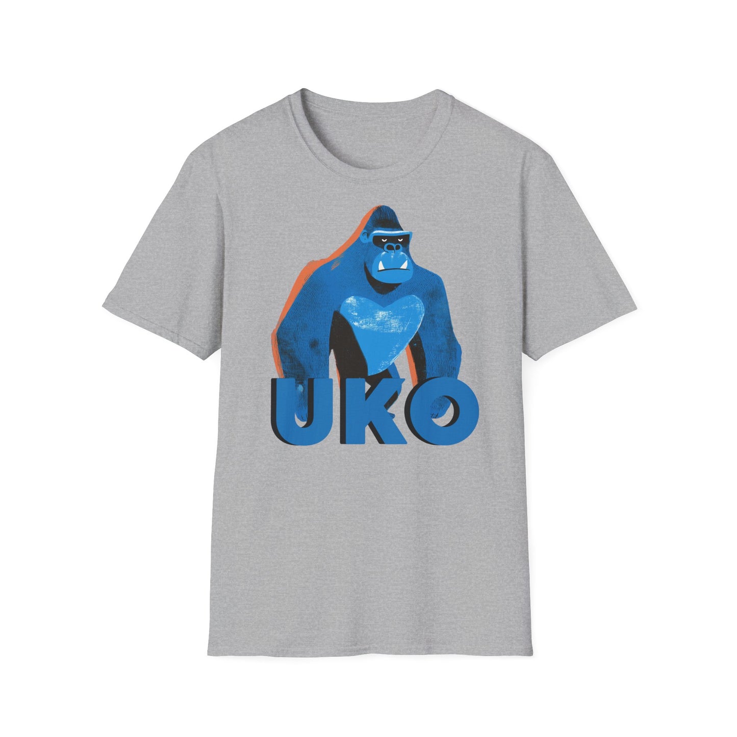 Gray t-shirt with a blue gorilla graphic and 'UKO' text on a white background