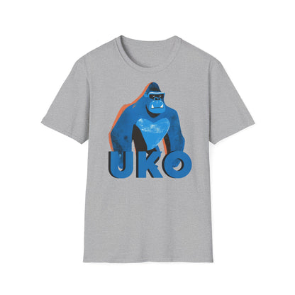 Gray t-shirt with a blue gorilla graphic and 'UKO' text on a white background