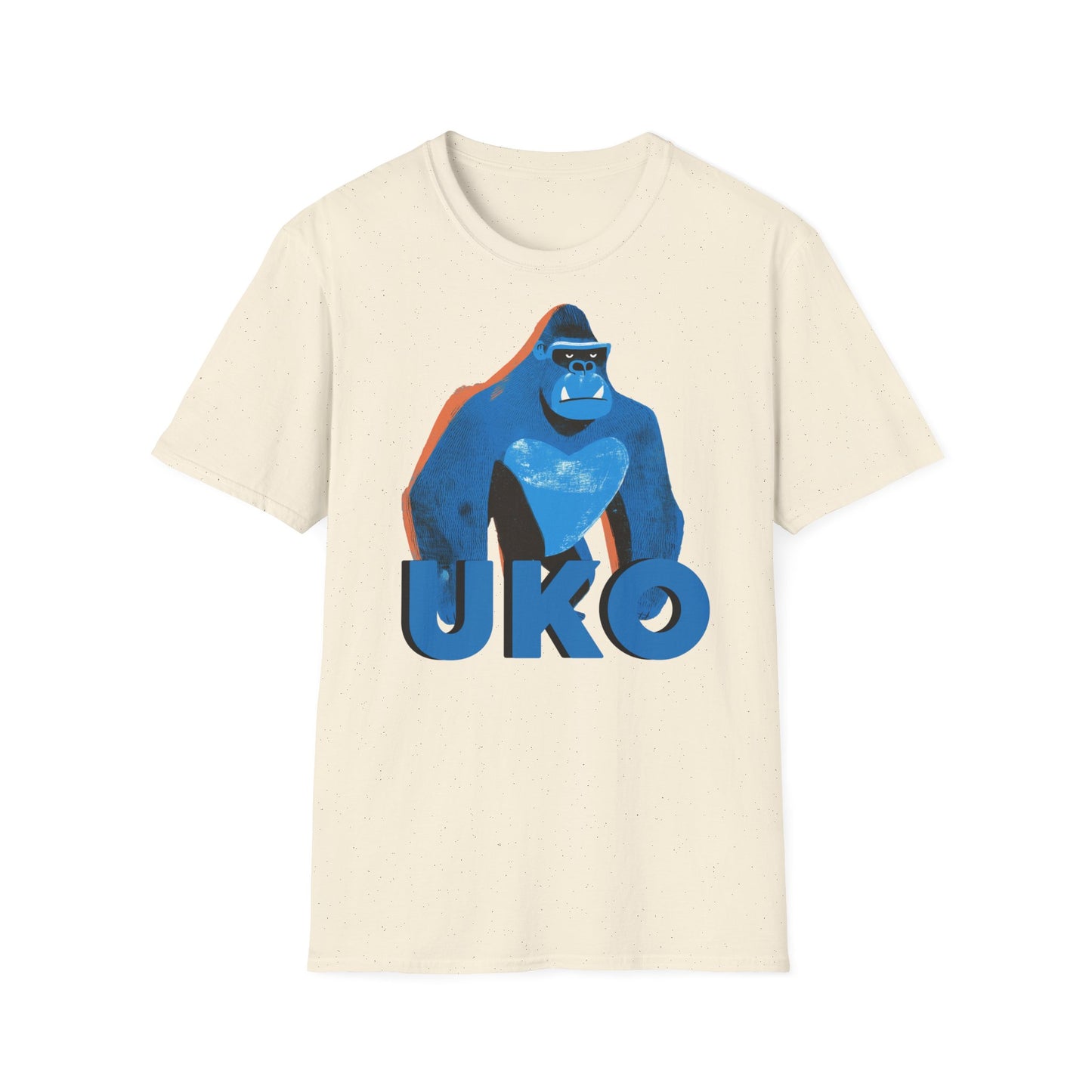 Natural t-shirt with a blue gorilla graphic and 'UKO' text on a white background