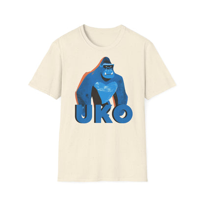 Natural t-shirt with a blue gorilla graphic and 'UKO' text on a white background