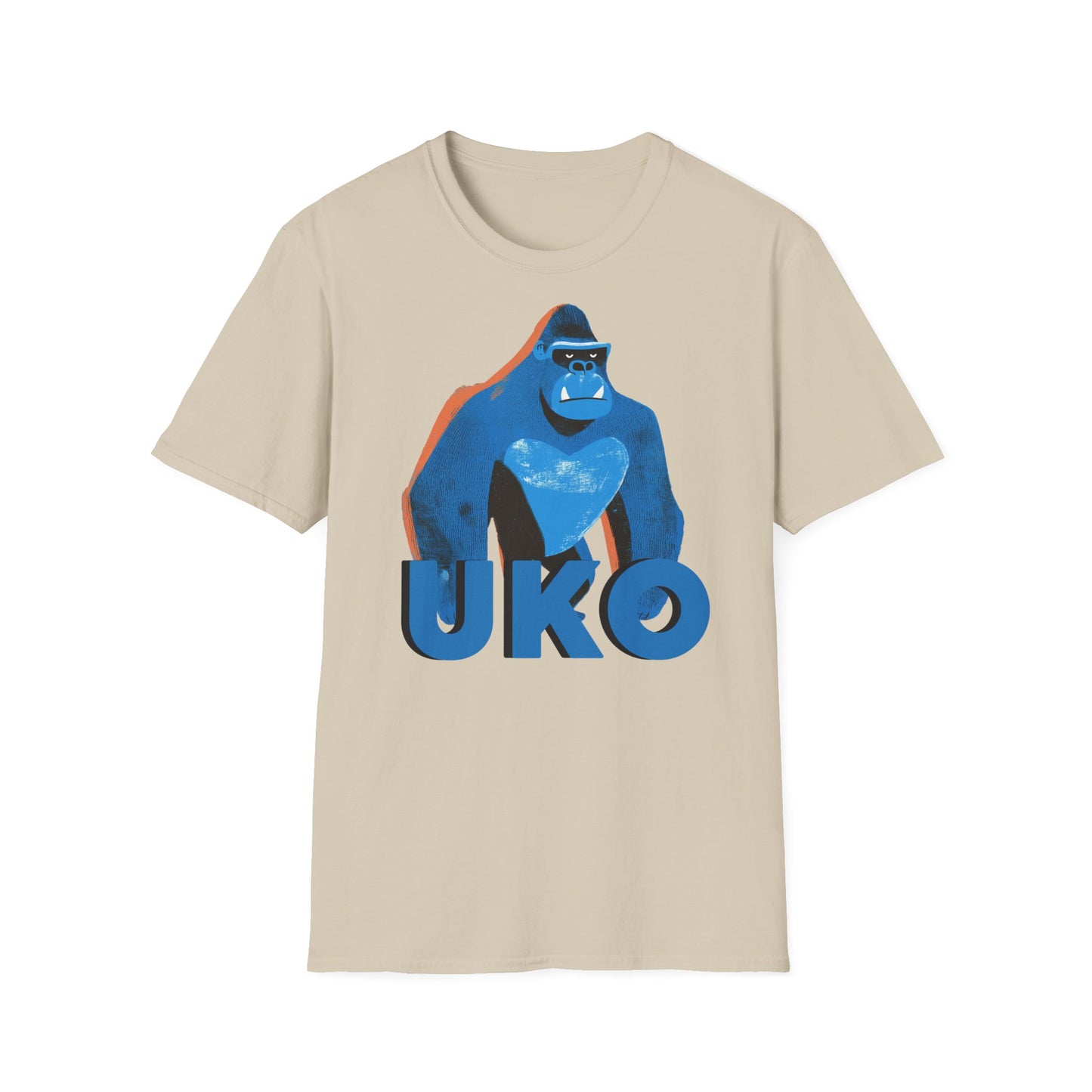 Beige t-shirt with a blue gorilla graphic and 'UKO' text on a white background