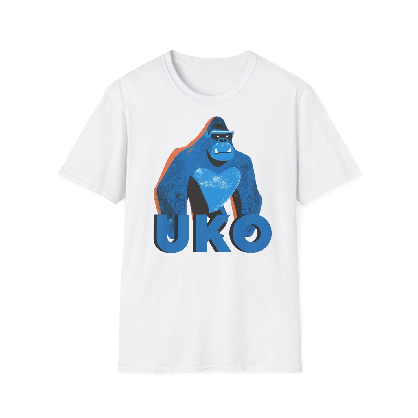 White t-shirt with a blue gorilla graphic and 'UKO' text on a white background