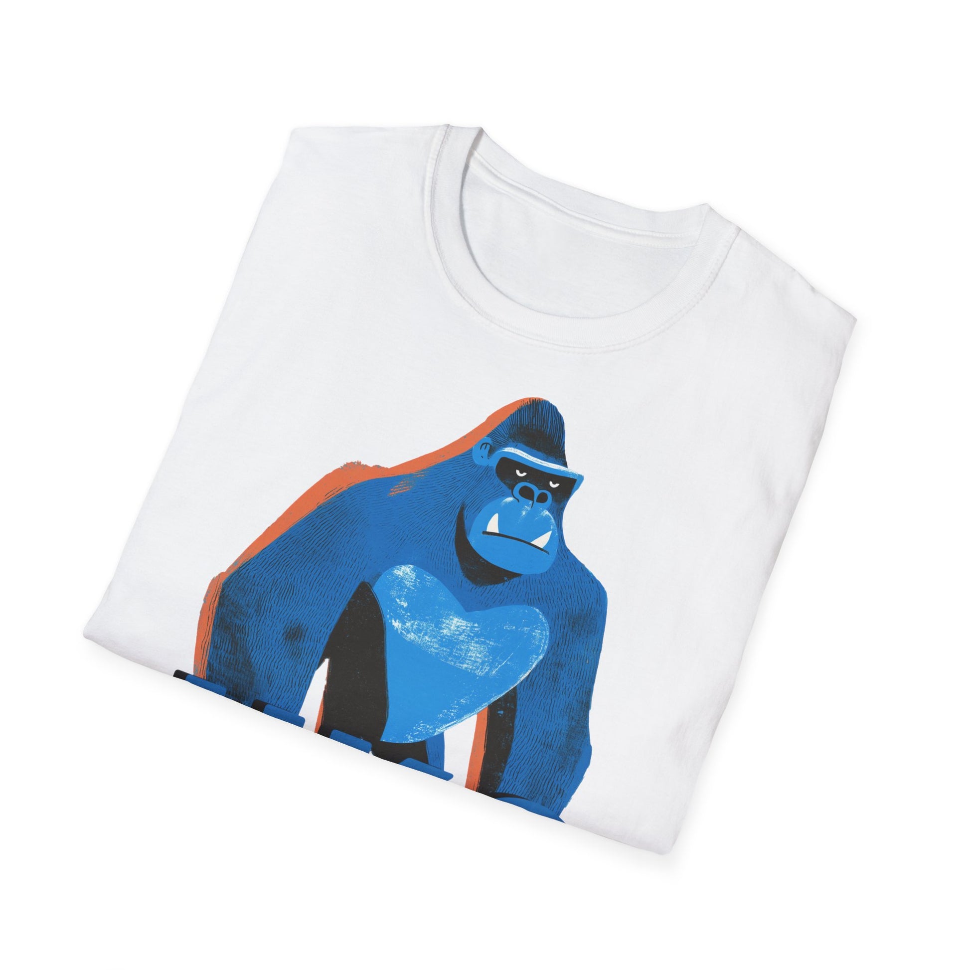 White t-shirt with a blue gorilla graphic on a white background