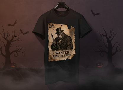 Black t-shirt with a graphic of a wanted poster on a dark background with bats and trees.