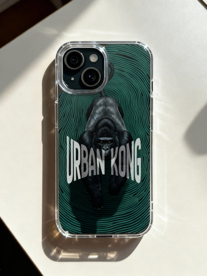 Phone case with gorilla graphic and 'Urban Kong' text on a white surface