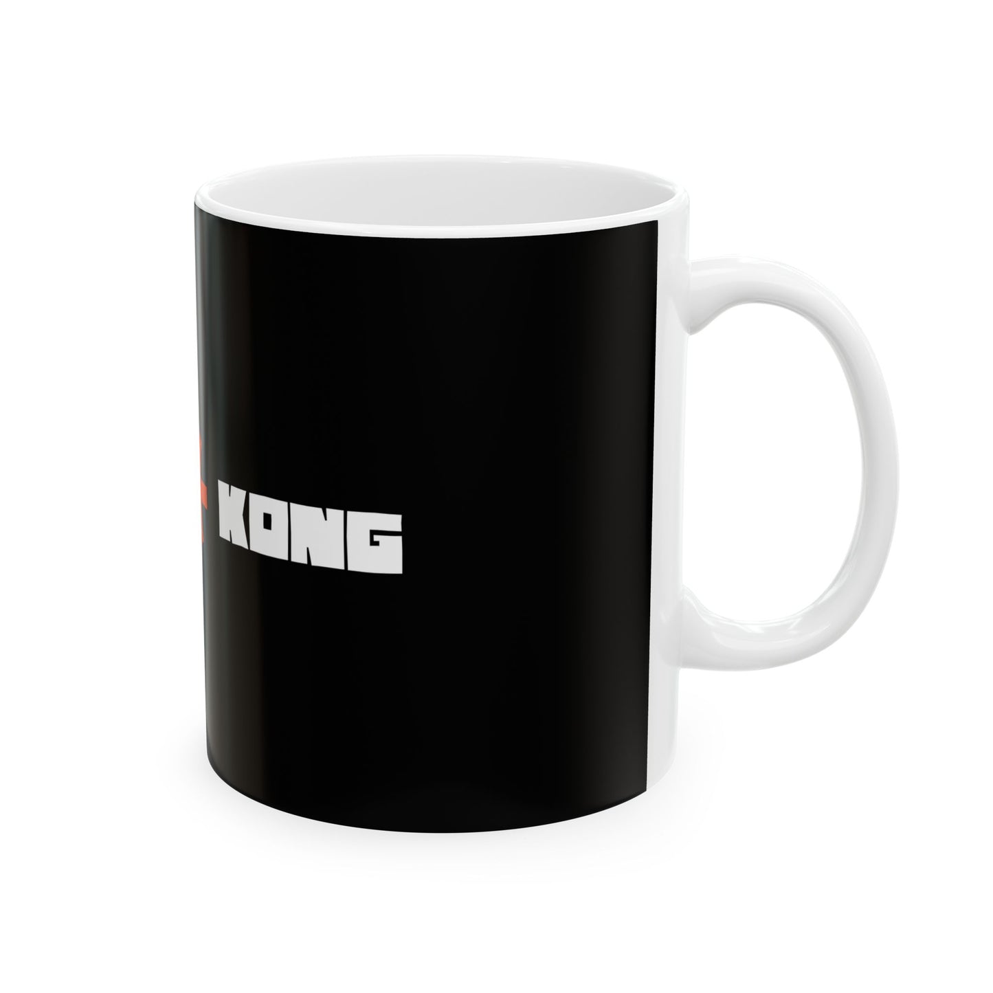 Black mug with white text on a white background