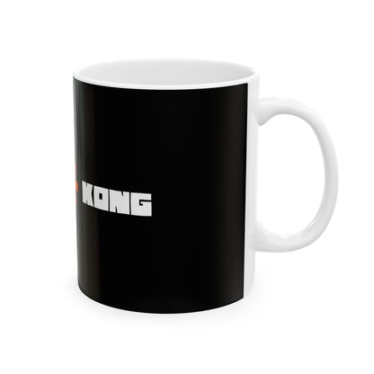 Black mug with white text on a white background