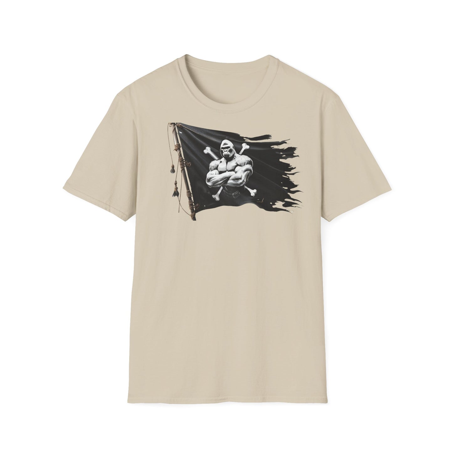 Beige t-shirt with a graphic of a flag and muscular figure on a white background