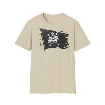 Beige t-shirt with a graphic of a flag and muscular figure on a white background