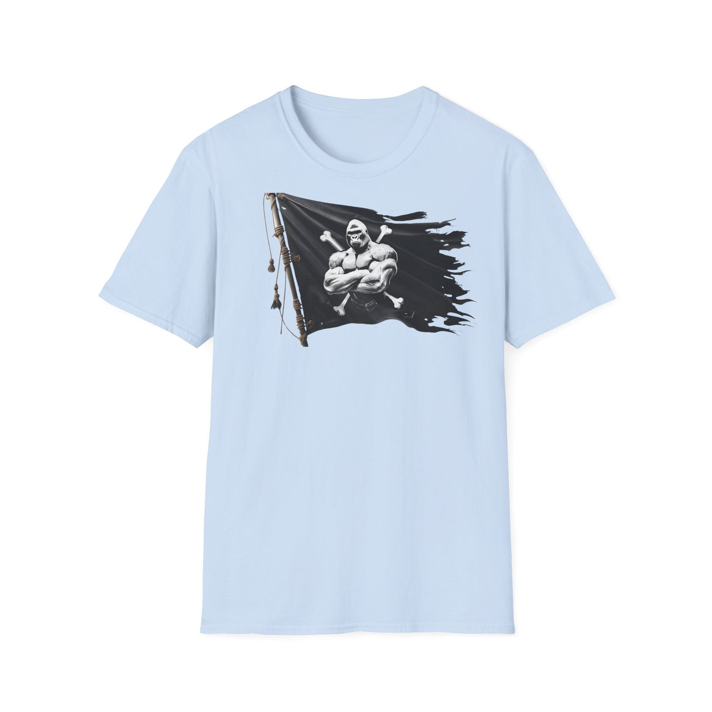 Light blue t-shirt with a graphic design of a flag and muscular figure on a white background