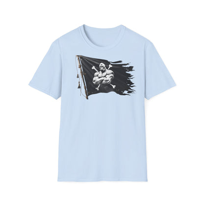 Light blue t-shirt with a graphic design of a flag and muscular figure on a white background