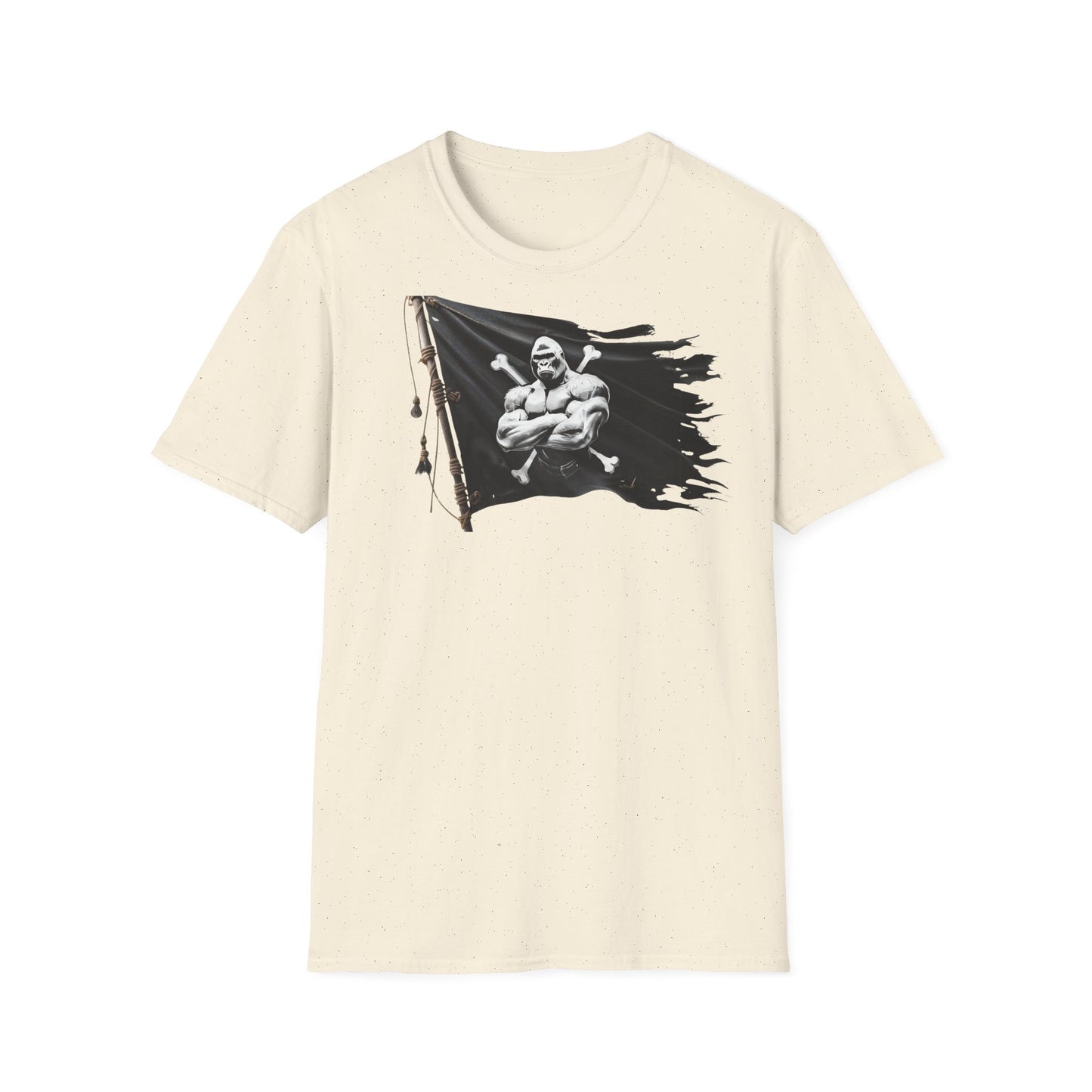 Sand  t-shirt with a graphic of a muscular figure on a black flag design.