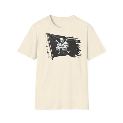 Sand  t-shirt with a graphic of a muscular figure on a black flag design.