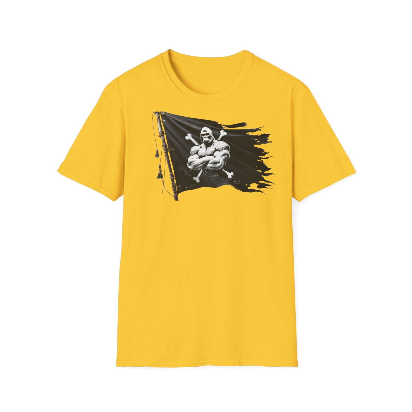 Yellow t-shirt with a black flag graphic featuring a muscular figure on a white background