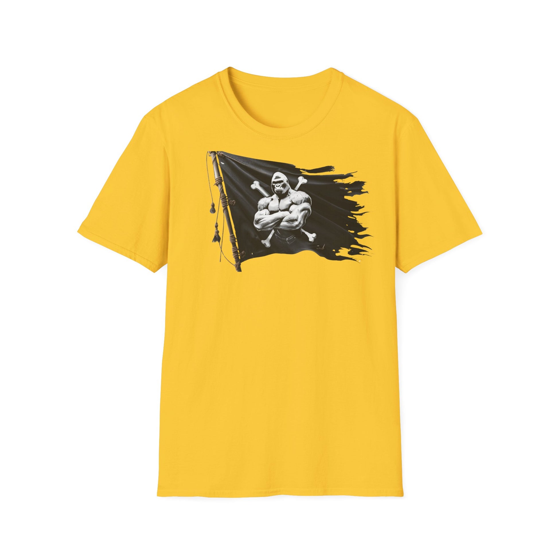 Yellow t-shirt with a black flag graphic featuring a muscular figure on a white background