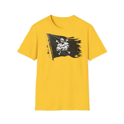 Yellow t-shirt with a black flag graphic featuring a muscular figure on a white background