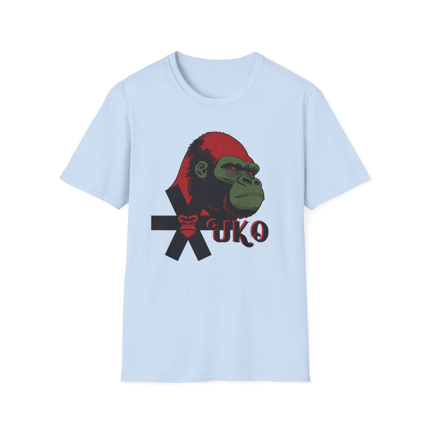 Light blue t-shirt with a graphic of a gorilla and 'UKO' text on a white background