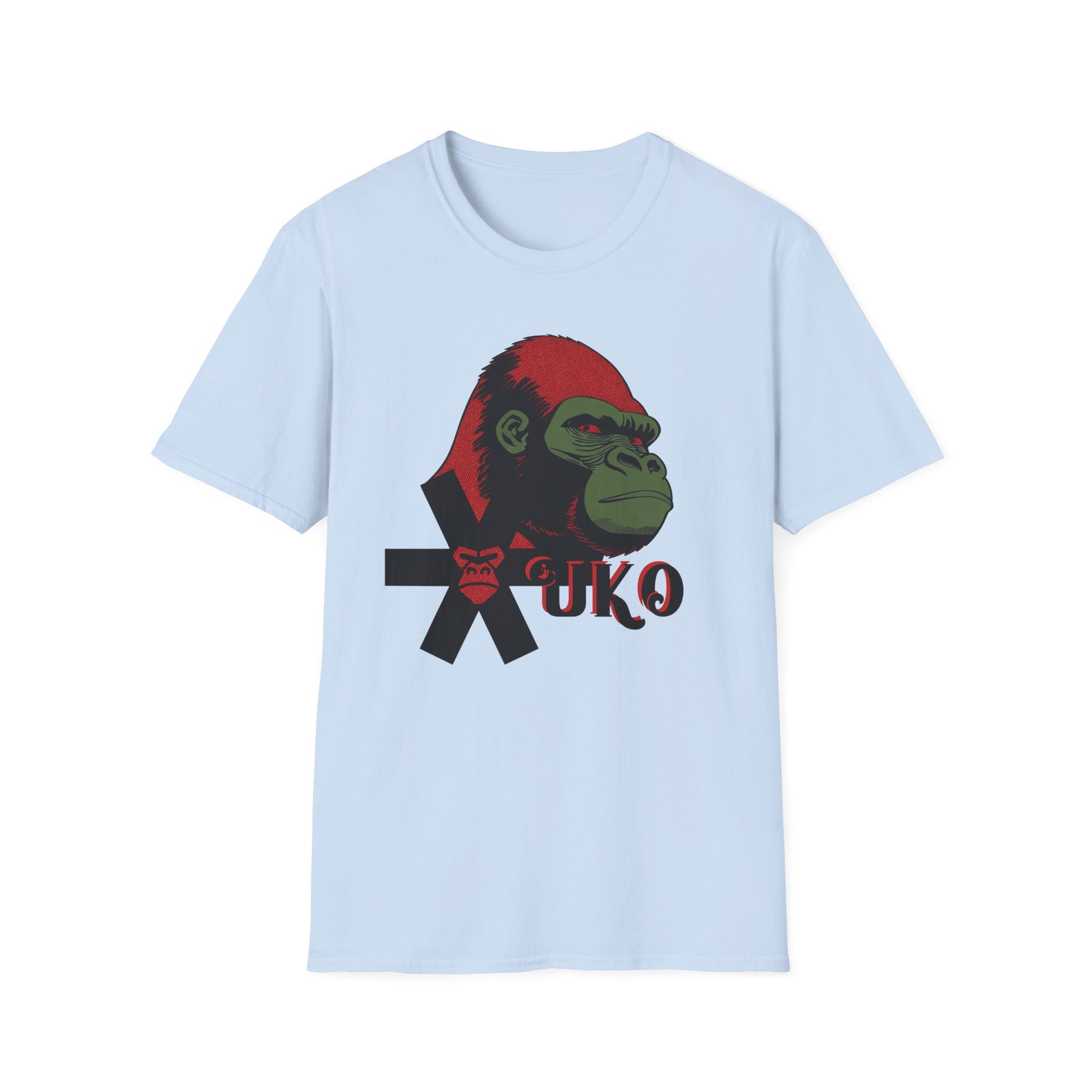 Light blue t-shirt with a graphic of a gorilla and 'UKO' text on a white background