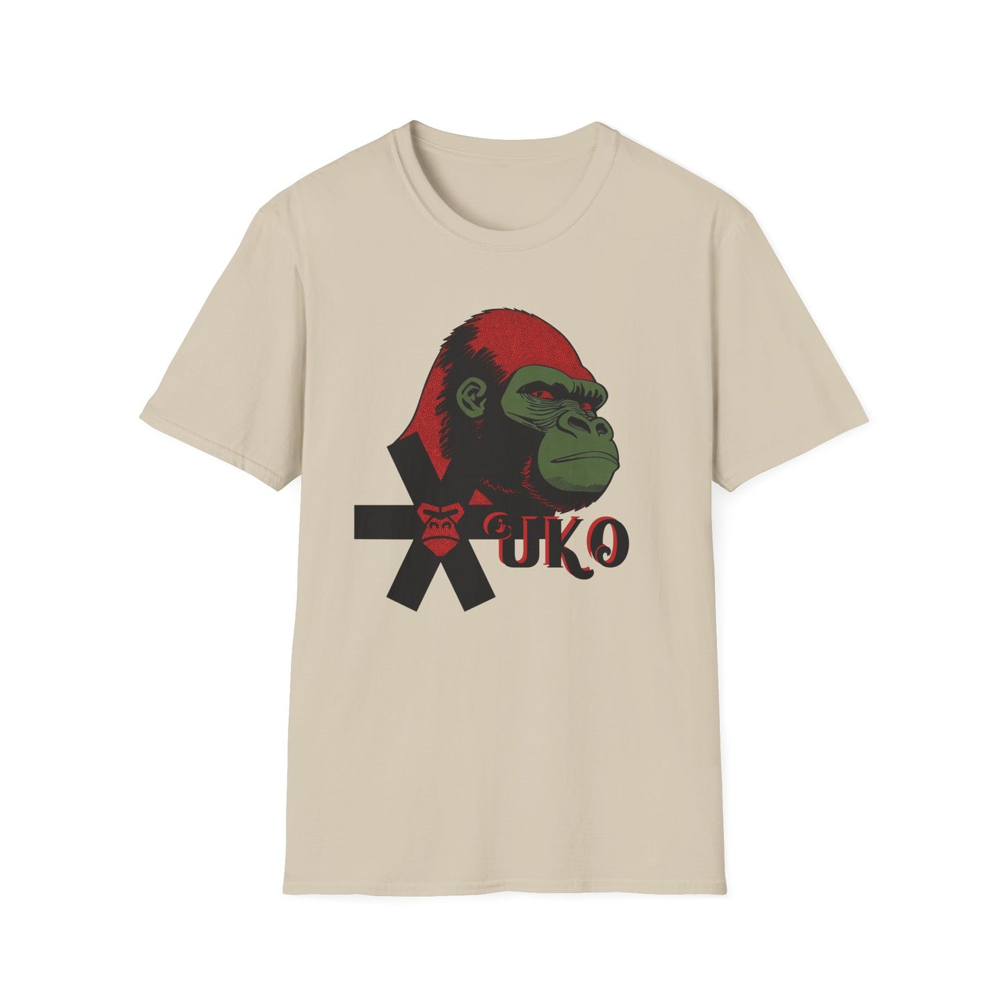 Beige t-shirt with a graphic of a gorilla and 'UKO' text on a white background