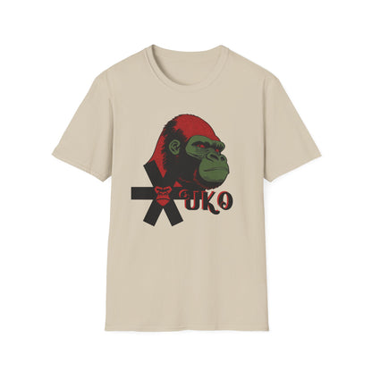 Beige t-shirt with a graphic of a gorilla and 'UKO' text on a white background