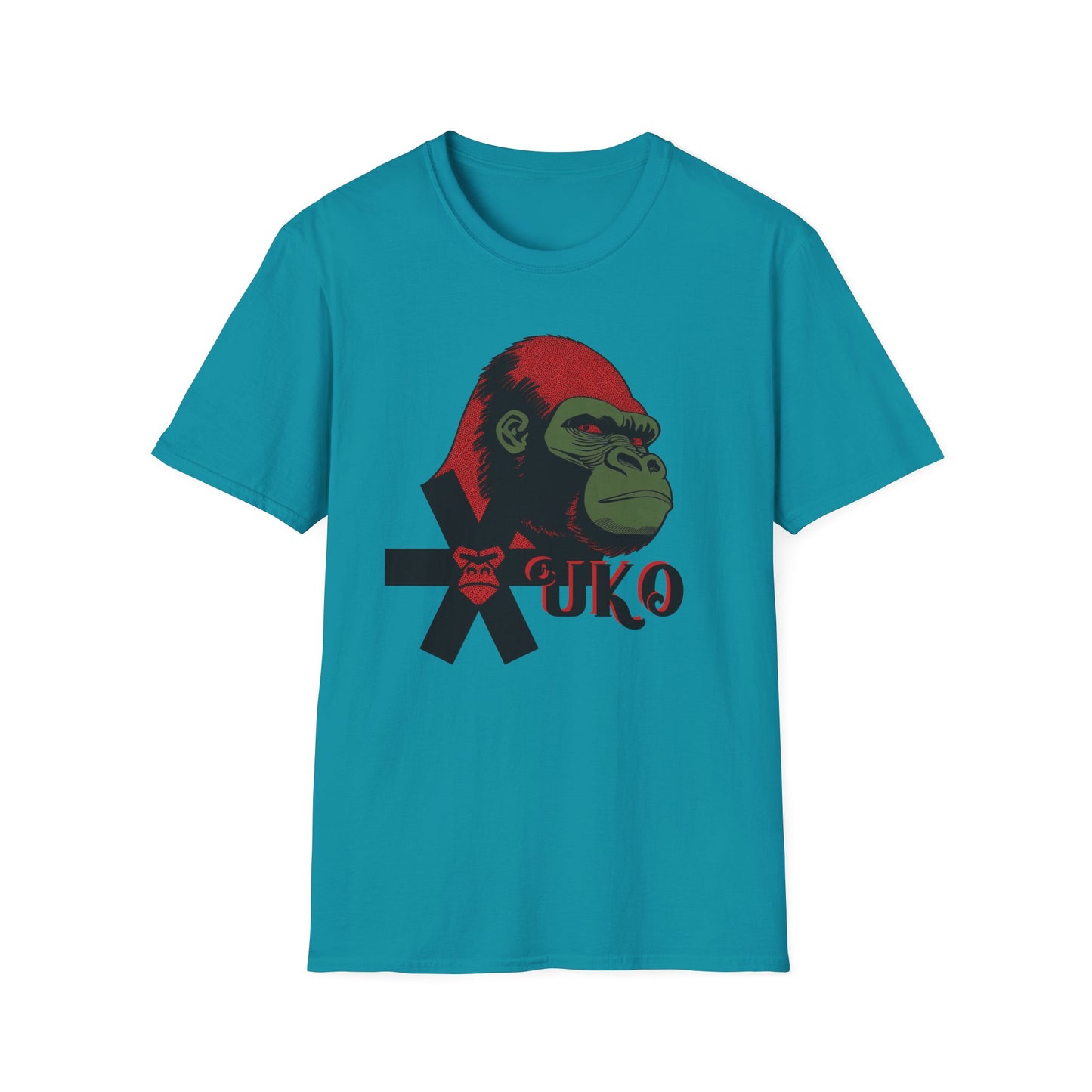 Tropical Blue t-shirt with a graphic of a gorilla and text on a white background