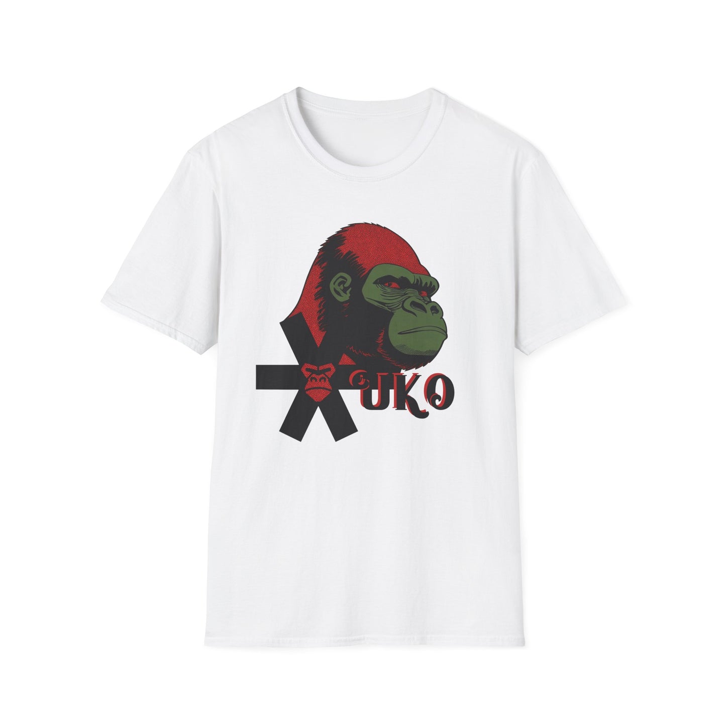 White t-shirt with a graphic of a gorilla and 'UKO' text on a white background