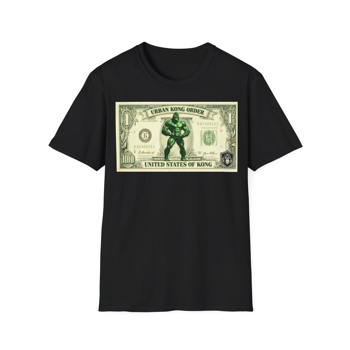 Black t-shirt with a graphic of a character holding a dollar bill on a white background