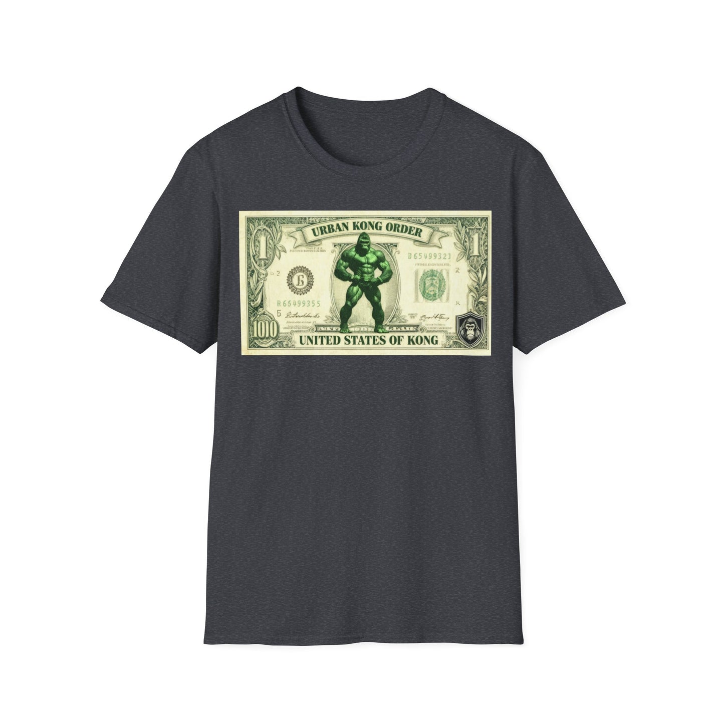 Black t-shirt with a graphic of a character holding a dollar bill on a white background